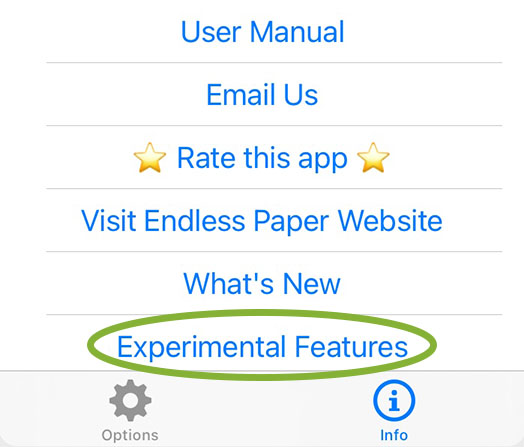 tap on the 'experimental features' button in Endless Paper